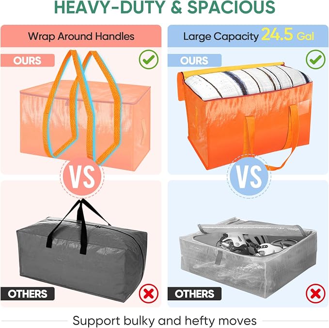 BALEINE 4-Pack Oversized Moving Bags with Reinforced Handles, Heavy-Duty Storage Tote for Clothes, Moving Supplies (Orangel, 4-Pack) - Image 4