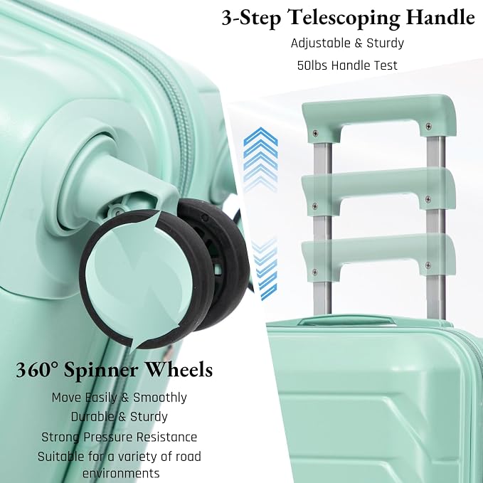 2-Piece ABS Hard Shell Lightweight Carry-On Luggage Set (14" & 20"), 360-Degree Spinner Wheels, Adjustable Telescopic Handle and Combination Lock for Travel, Mint Green - Image 3