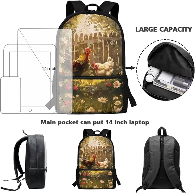 Retro Daisy Rooster Print Backpack Set for Student Schoolbag Lightweight Bookbag Lunch Box Pencil Case 17 Inch Travel Laptop Backpacks Large Capacity Rucksack Daypack - Image 3