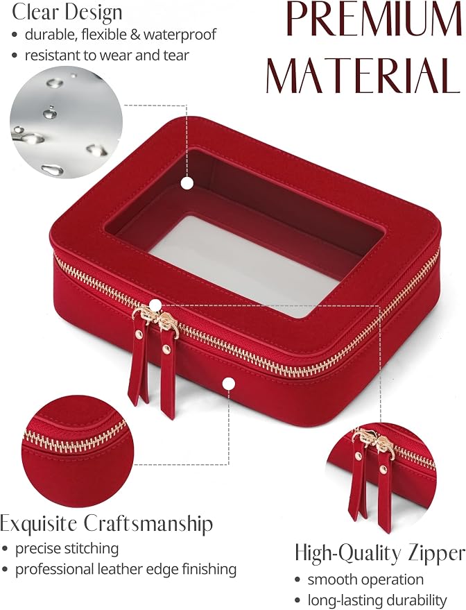 Popvibe Clear Makeup Bag Travel Cosmetic Case Toiletry Bag with Zipper, Red, Medium - Image 2