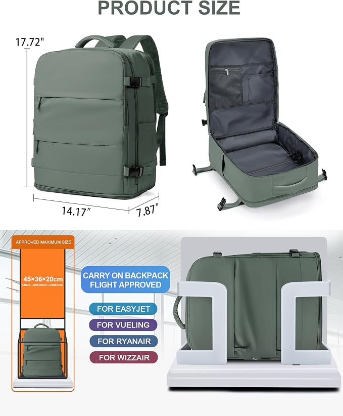 coowoz Large Travel Backpack Carry On for Women Man Waterproof Gym Backpacks Mochila de Viaje Teacher Travel Bag Essentials Personal Item Backpack Rucksack Airplane Accessories Must Haves Olive Green - Image 4