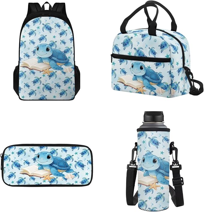 Kids 4 pcs Backpack Set Turtle Print School Supplies School Bags Book Bag with Insulated Lunch Bag Kit Pen Bags Water Bottle Sleeve Set for Kids Girls by Tomeusey