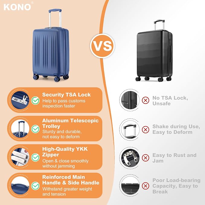 Kono Small 20 Inch Expandable Carry On Luggage with Quiet Spinner Wheels & TSA Lock, Scratch and Drop Resistant PC+ABS Hardside 22x14x9 Airline Approved Suitcase, Navy Blue - Image 7