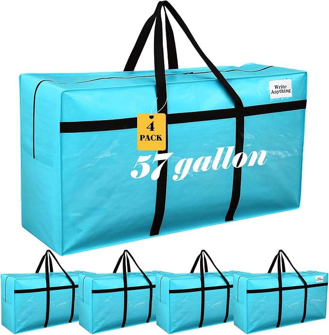 Windyun 4 Pack 57 Gallon Extra Large Moving Bags XXL Heavy Duty Storage Bag with Strong Zipper Handle Jumbo Big Tote Box Foldable for College Dorm Travel Clothes Duffle Blanket Pillow(Lake Blue) - Image 2