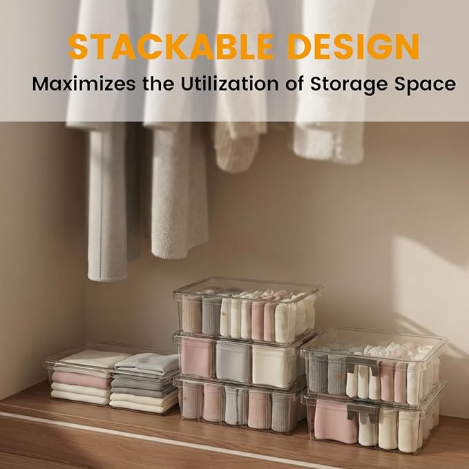 Socks Bra Underwear Drawer Organizer for Closet, 2 PCS Plastic Storage Box with 9 Removable Compartments and Lid, Clear Dresser Drawer Organizer Storage Container with Dividers for Sock Ties Belts - Image 3