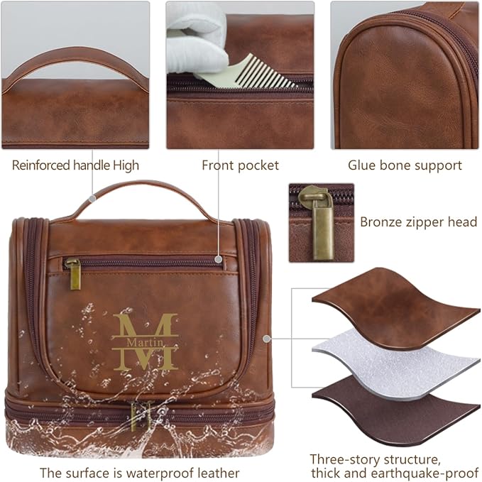Personalized Toiletry Bag Leather Shaving Dopp Kit Bag for Men Hanging Makeup Bag Hanging Cosmetic Organizer Kit - Image 3
