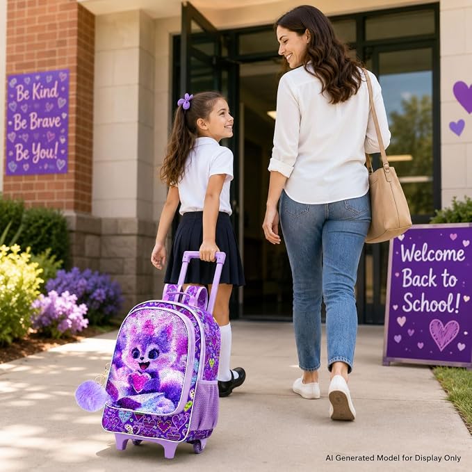 AGSDON 3PCS Rolling Backpack for Girls Boys, Kids Roller Wheels Bookbag, Wheeled School Bag with Lunch Bag - Image 7