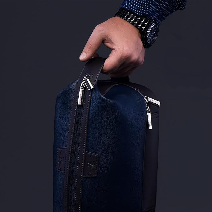 Vetell Leo Large Leather Men's Travel Toiletry and Shaving Case Bag with Upper and Lower Zippered Compartments, 3 Interior Loops and Carrying Handles - Image 5