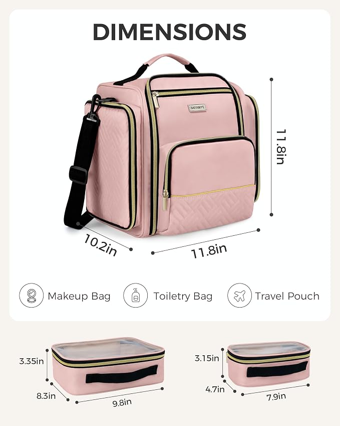 BAFAMYE Large Travel Makeup Bag - Cosmetic Organizer with 4 Removable Inner Pockets, Multi-functional Toiletry Bag for Accessories & Brushes, Women's Beauty Case, Pink - Image 2