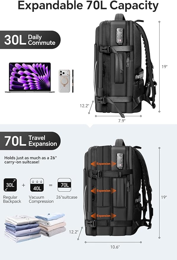 Vacuum Backpack Travel, 70L Expandable Carry On Backpack With Compression System, 2 Detachable TPU Vacuum Bags, TSA Lock, Water-Resistant, Fits 16" Laptop for Business & Travel - Image 4
