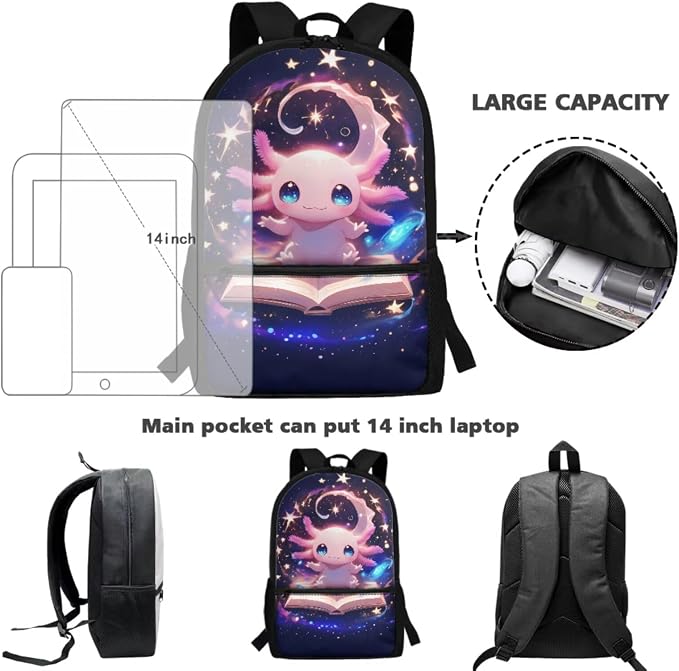 Reading Axolotl Kids Backpack & Lunch Bag Set, Lightweight Water-Resistant Bookbag with Padded Straps to Protects Shoulders, Leak-Proof Lunch Box Keeps Food Fresh fo 6+ Hours, Cute School Bag - Image 4