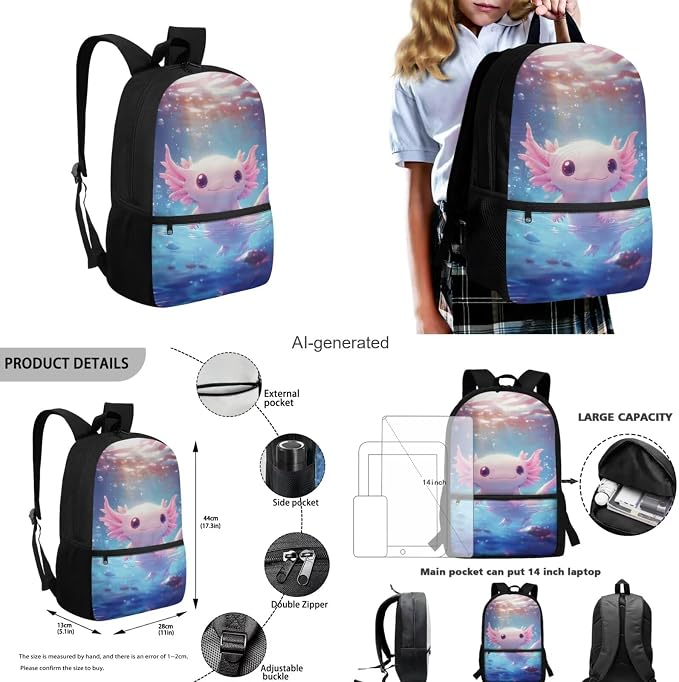 Cute Axolotl Backpack for Girls Kids Backpack with Lunch Box Water Bottle Pouch and Zipper Pencil Case 4PCS Set Sturdy Bookbag with Front Pocket 17 inch Lightweight Elementary School Bag - Image 3