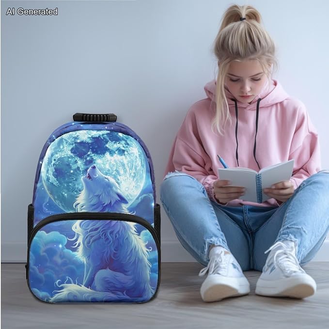 Elegant White Wolf Kids Backpack with Lunch Box Kindergarten Elementary Middle School Lightweight Waterproof Multifunctional Large Capacity for Backpack 17 inch 4pcs - Image 2