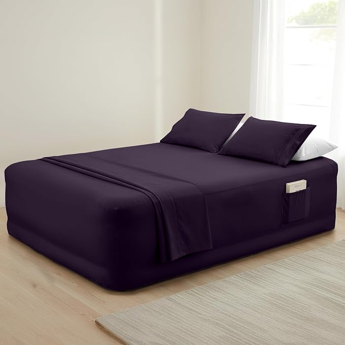 Mocassi 4-Piece Extra Deep Pocket 16-24 Inch Air Mattress Bed Sheet Set- 4PC Sheet Set with Smart Pockets Ideal for Air Beds, RVs, Camping and Guest Rooms Premium Hotel Quality, Full, Purple - Image 7