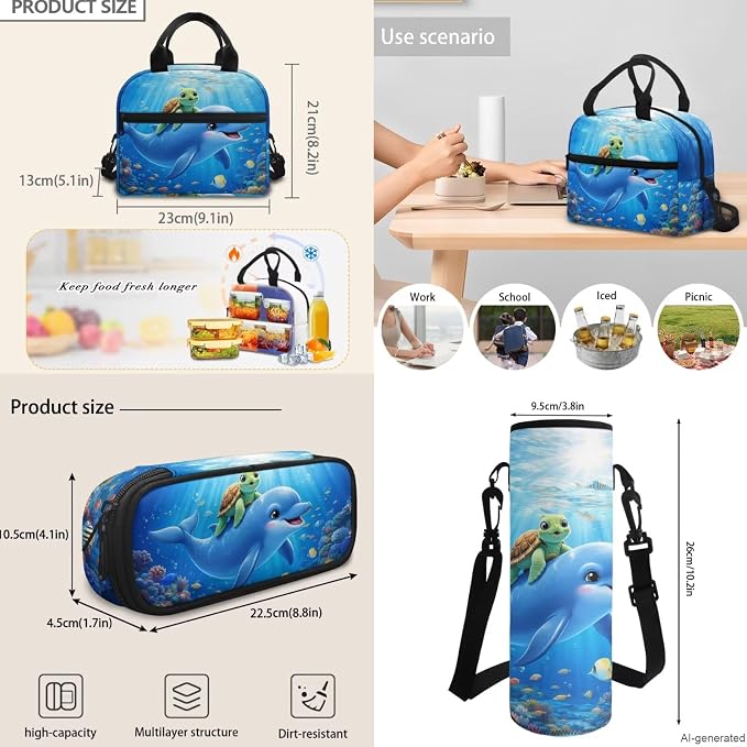 Sea Turtle Dolphin School Backpack for Kids Girls Boys Teens 17 in Bookbag Set 4 Pcs Elementary College Students School Laptop Backpack Lunch Box Pen Case Water Bottle Carrier Bag - Image 6