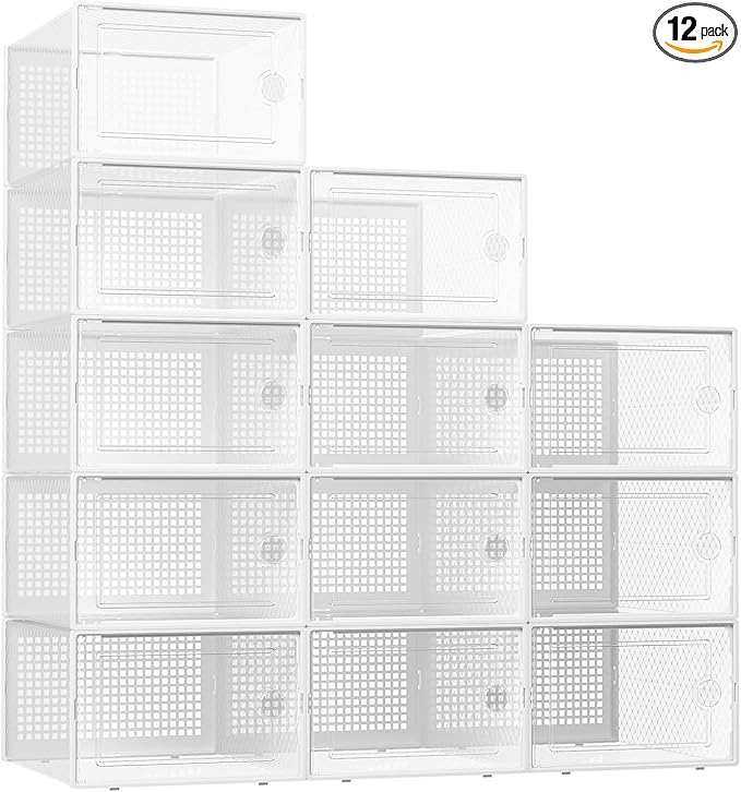 Kuject XX-Large Shoe Storage Boxes Organizers Clear Plastic Stackable 12 Pack, Shoe Rack & Holder Substitute, Sneaker Containers, Shoe Storage Organizer Bins for Closet, Under Bed,White(No Fold Line) by Kuject