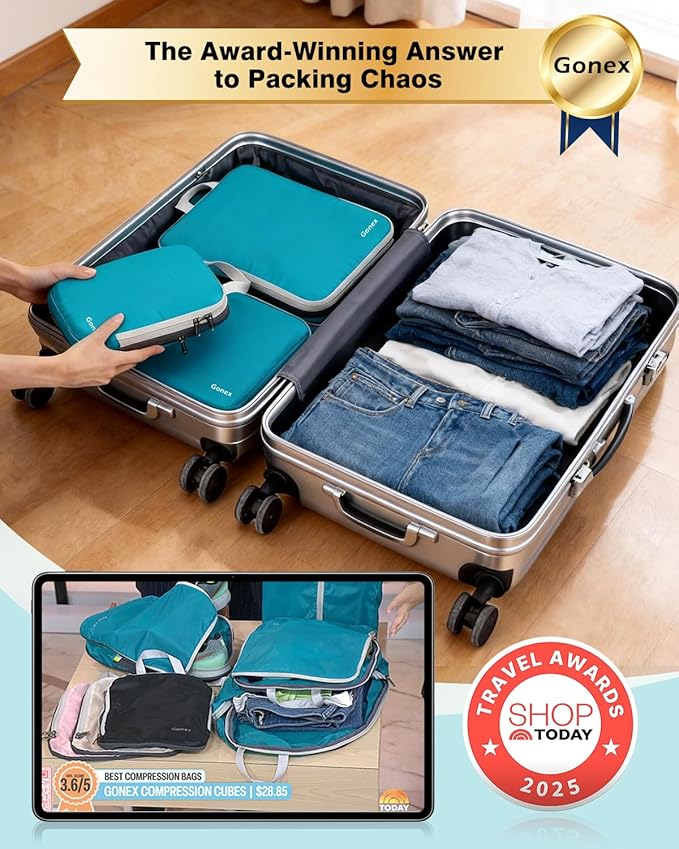 Gonex Compression Packing Cubes, 4pcs Expandable Storage Travel Luggage Bags Organizers (Blue) - Image 2