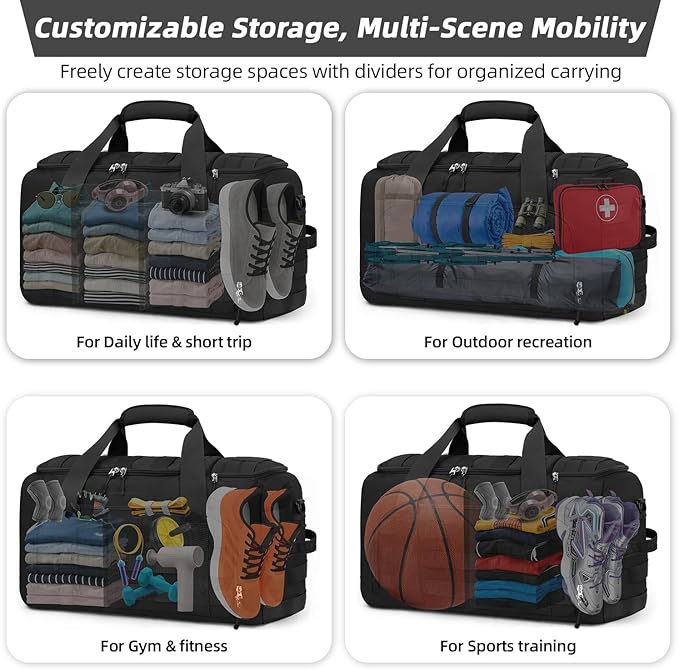 ZOMFELT Tactical Gym Bags for Men, 22x14x9 Carry On Luggage Duffle Bag for Travel, 3-in-1 Sports Basketball Soccer Bag with Removable Dividers & Shoe Compartment, Weekender Overnight Travel bag, Black - Image 5