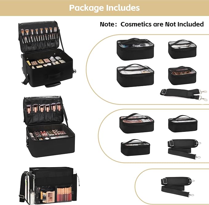 TANTO Rolling Makeup Bag, Cosmetology Case on Wheels Travel Makeup Tote Bag Pro Makeup Artist Bags 3 in 1 Extra Large Cosmetics Organizer Case with 360° Swivel Wheels and Adjustable Dividers - Image 3