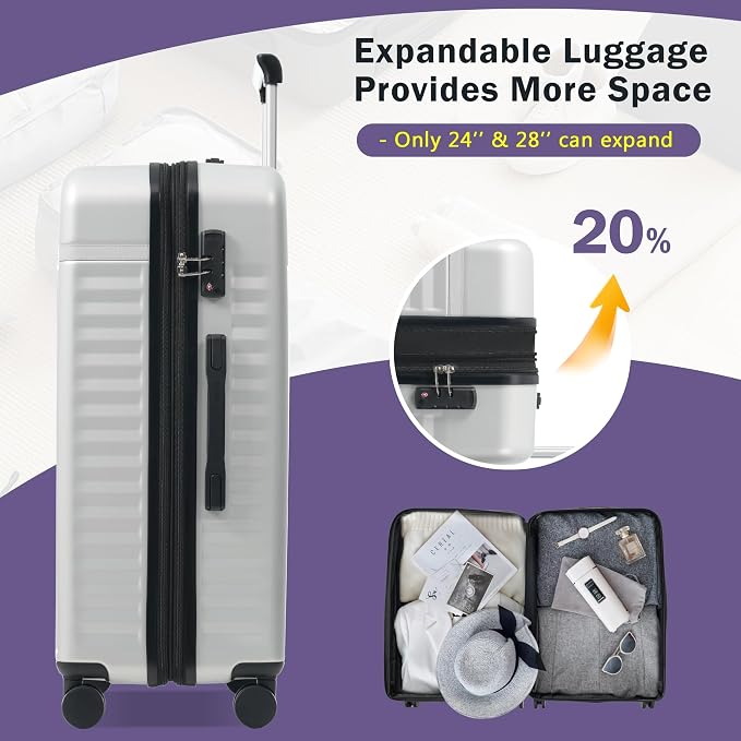 Merax 3 Piece Luggage Sets, Hardside Lightweight Carry on Suitcase | Durable Expandable Luggage with Travel Bags Spinner Wheels and TSA Lock,White Grey - Image 5