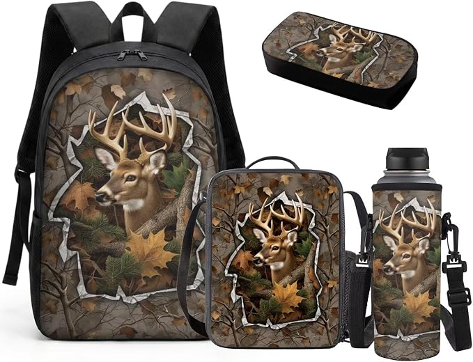 GIFTPUZZ 4 Piece Camo Deer American Flag Backpack Set for Kids | Patriotic Bookbag with Lunch Box for Boys Elementary School, Zip up Pencil Case, Water Bottle Sleeve, Summer Camp, Ages 6-8 by GIFTPUZZ