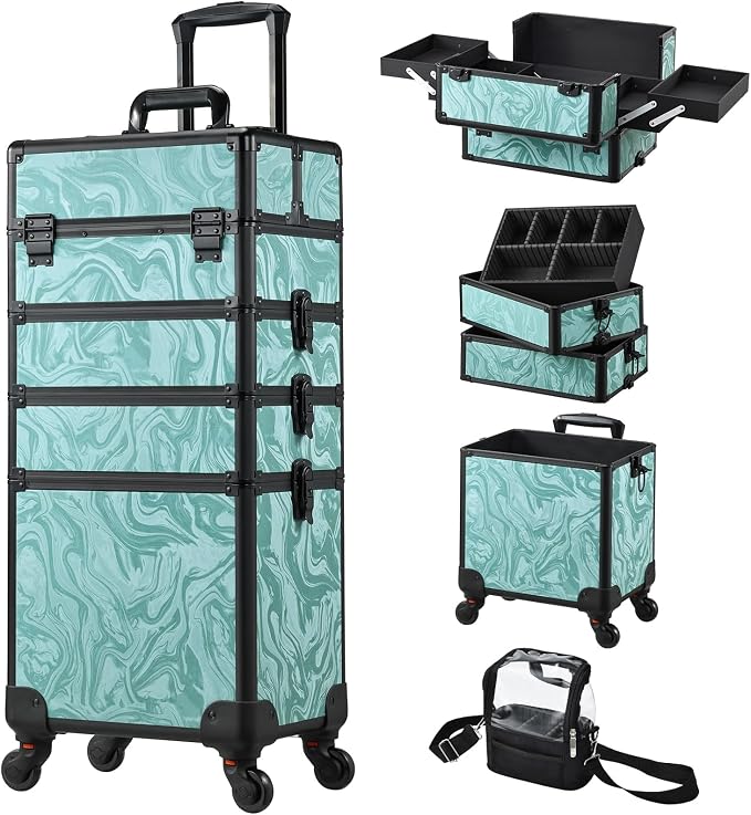 Stagiant Rolling Makeup Case 4 in 1 Cosmetology Case on Wheels Makeup Travel Case with Cosmetic Bag Key Swivel Wheels Salon Barber Case Traveling Cart Trunk Cosmetic Trolley Alpine Blue by Stagiant