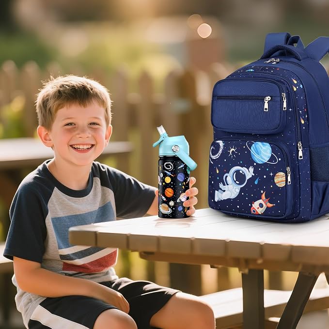Bevalsa Kids Backpack for Boys with 14oz Insulated Bottle, School Bags for Kids & BPA-FREE Stainless Steel Metal Bottle with Straw Lid for Elementary Middle School Student (Space) - Image 6