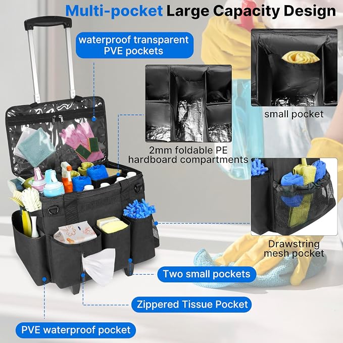 LIWSHWZ Large Rolling Cleaning Caddy Bag with Detachable Trolley & Lid,Cleaning Supplies Organizer on Wheels with Multi Pockets for Cleaning Tools Storage,Housekeepers, Black - Image 4