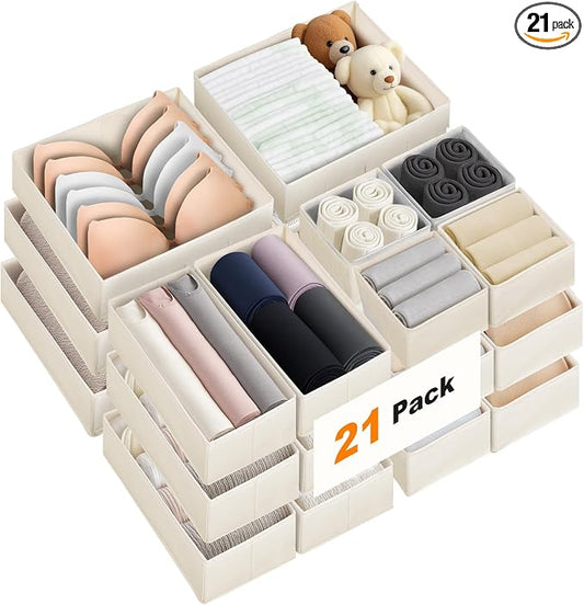 FANS-ONE Natural Linen Drawer Organizer Clothes - 21 Pack 3 Size, Beige | Foldable, Dresser Organizer for Baby Clothes, Underwear, Socks, Storage Bins for Nursery, Bedroom by FANS-ONE
