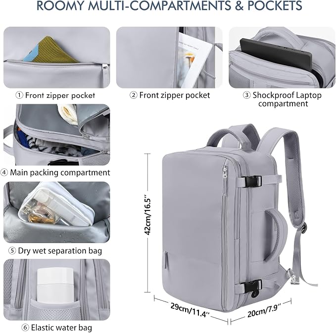 Beraliy Travel Backpack, Personal Item Bag Ailrline Approved, 17.3 Inch Laptop Backpack, Carry On Travel Bag, Hiking Backpack, Casual Backpack, Grey - Image 4