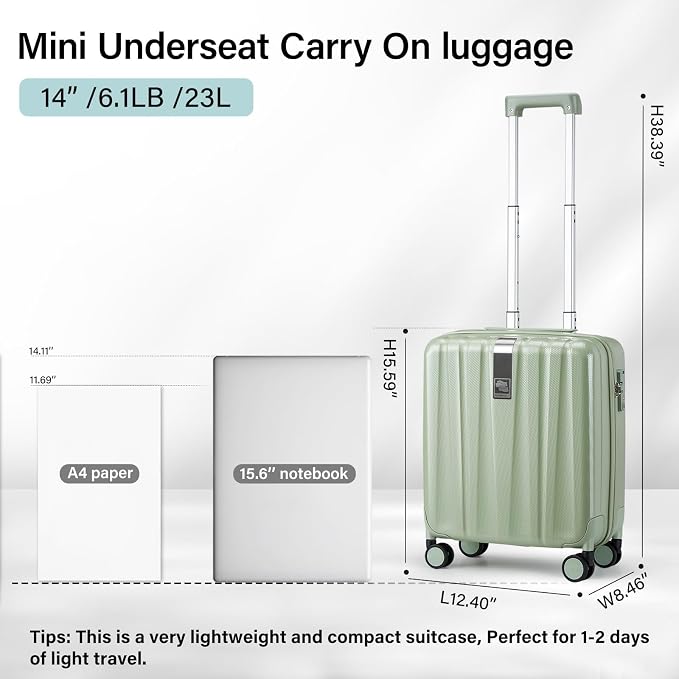 Hanke 14 Inch Underseat Carry On Luggage with Wheels Hard Shell Suitcases Carry On Bag Lightweight Small Mini Suitcase Travel Luggage for Travel（Bamboo Green） - Image 3