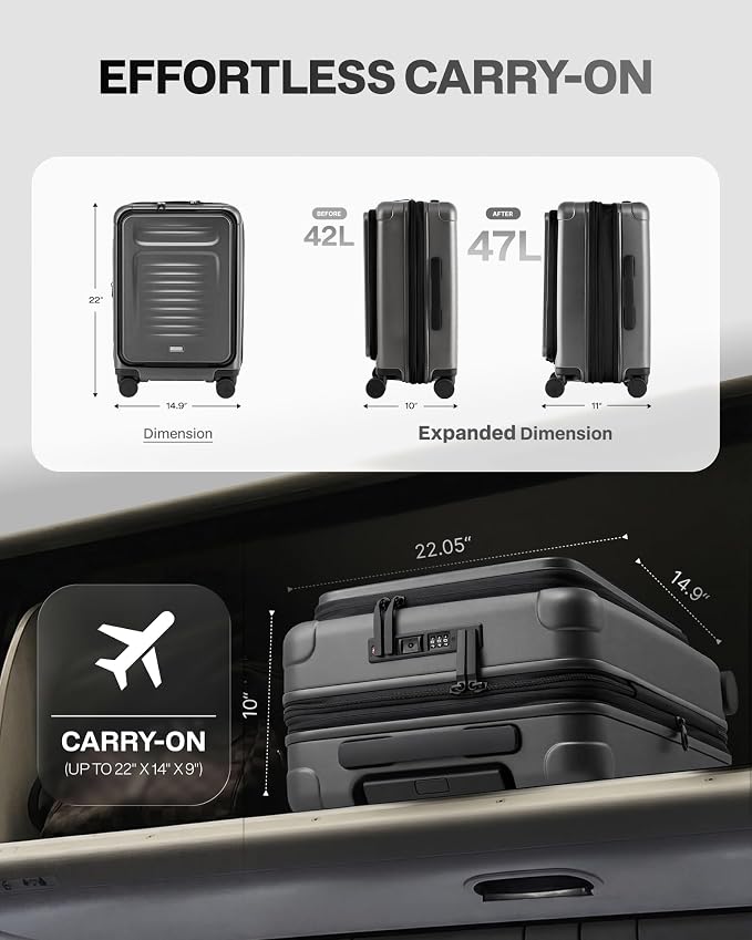 Coolife Carry On Luggage Suitcase : 22x14x9 Airline Approved Travel Luggage with Spinner Wheels, Front Pocket Expandable Hardshell Suitcases with TSA Lock Grey - Image 3