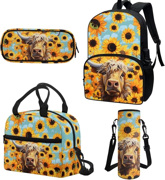 4Piece Highland Cow Backpack with Lunch Box And Pencil Car Water Holder Sleeve Crossbody Bag for Boys Girls，Yellow Sunflower Highland Cow Bookbag Large Capacity Casual Daypack - Image 2