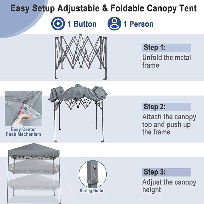 6.6 x 6.6 Ft Pop Up Canopy, 1 Person Instant Setup Canopy Tent with Push Center Lock, 8 Stakes, 4 Ropes & Carrying Bag, Portable Easy Up Gazebo Shelter for Outdoor Camp, Beach, Patio & Party - Image 4