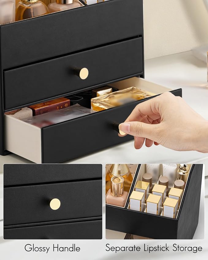 VLANDO Makeup Organizer for Vanity,Large Capacity Countertop Organizer with Drawers, PU Leather Cosmetic Display Case for Lipstick,Brushes,Skincare,Bedroom Storage (Black) - Image 3