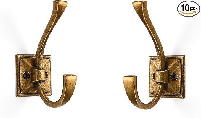 Large Antique Brass Coat and Towel Hooks - 10 Pack 4.35 Inch Double Robe Hooks for Key, Towel, Bags, Cup, Hat by ZAUYX