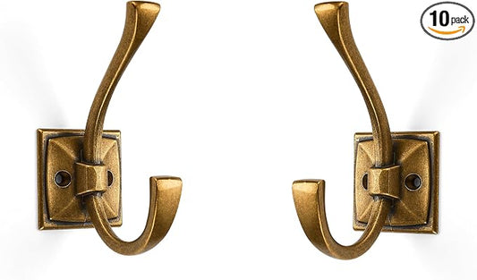 Large Antique Brass Coat and Towel Hooks - 10 Pack 4.35 Inch Double Robe Hooks for Key, Towel, Bags, Cup, Hat by ZAUYX