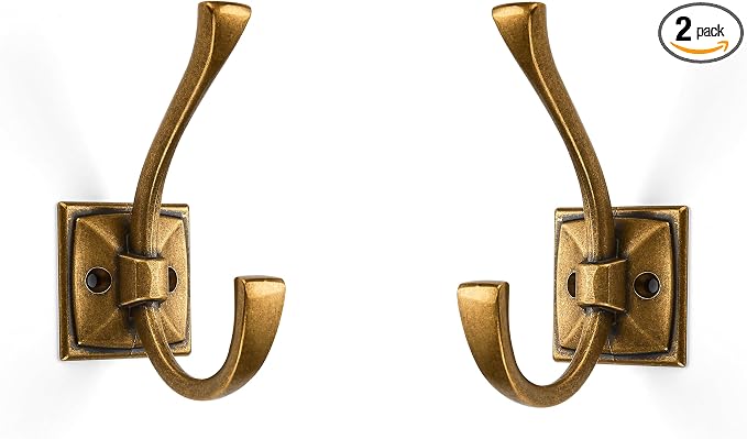 Large Wall Hooks 2 Pack Antique Brass Coat Hardware for Hanging 4.35 Inch Double Robe Wall Mounted With Screws for Key, Towel, Bags, Cup, Hat by ZAUYX