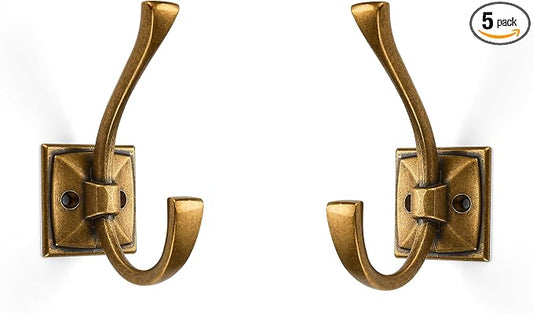 Large Wall Hooks 5 Pack Antique Brass Coat Hooks Hardware Towel Hooks for Hanging Coats 4.35 Inch Double Robe Hooks Wall Mounted with Screws for Key, Towel, Bags, Cup, Hat by ZAUYX