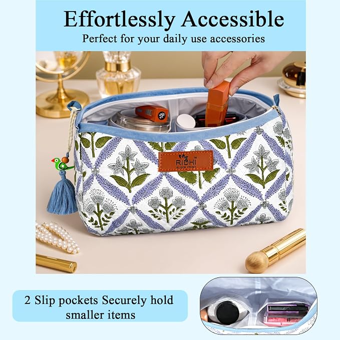 Ridhi Light Steel Blue Hand Block Printed Floral Toiletry Bag For Women 100% Cotton Quilted Set of 3 Waterproof Inner Lining, Cosmetic Jewelry Organizer, Travel Pouch, Essential Storage Purse Gifts - Image 2