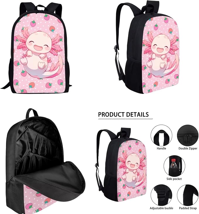 Cute Axolotl Backpack with Lunch Box Set for Girls 6-8/5-7 Strawberry Bookbag for 1st Grade Elementary School Back Pack Lunchbox Pencil Case Water Bottle Holder 4PCS Kids Preschool Book Bag - Image 2