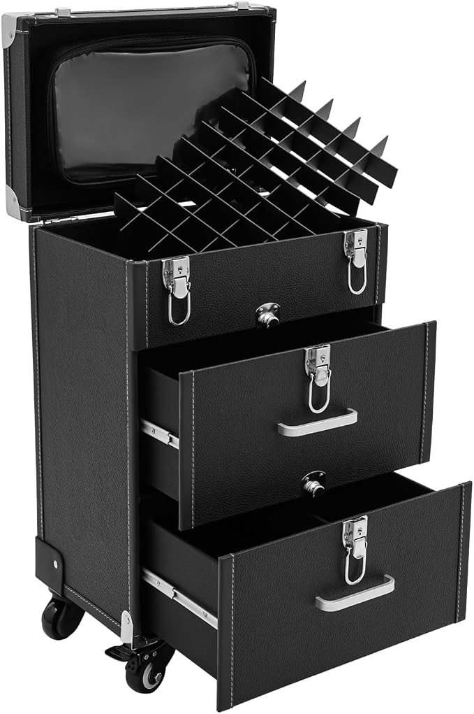 Rolling Makeup Case with Drawer Cosmetic Trolley 3 Tier Travel Cosmetic Organizer on Wheels Salon Barber Case for Makeup Artist Tattooist Nail Tech Hairstylists (Type F, Black) - Image 9