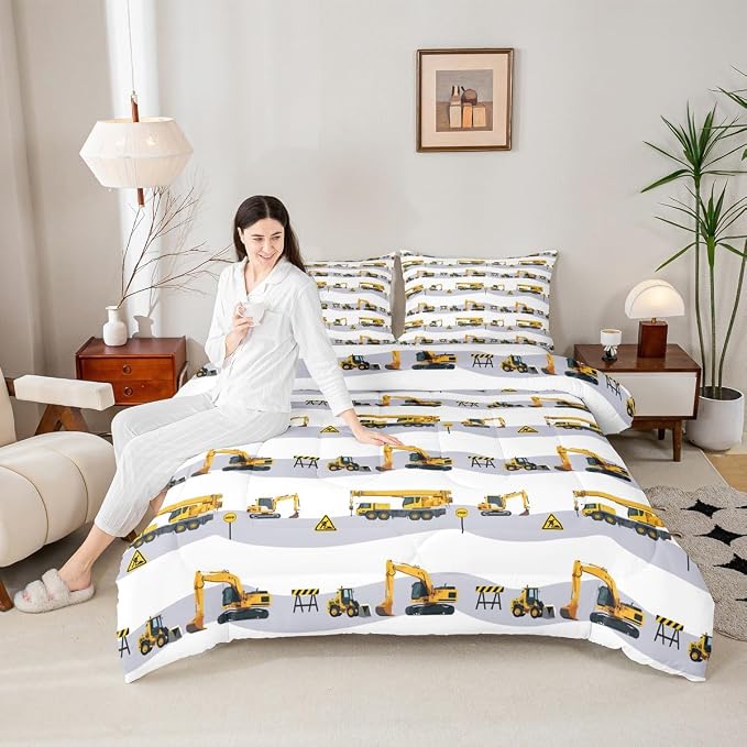 Construction Excavator Comforter Set for Boys, Kids Tractor Truck Down Comforter Twin, Machinery Crane Mixer Bedding Set for Girls Teen Bedroom Cartoon Vehicle Duvet Sets with 1 Pillow Case - Image 3