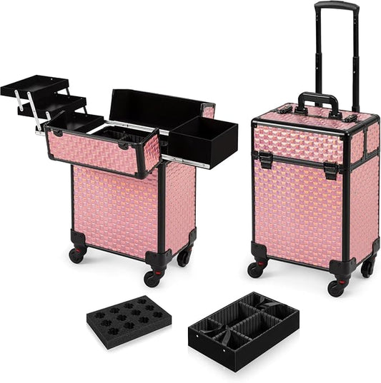 Arous Rolling Train Makeup Case Cosmetology Case on Wheels, Colorful | Cosmetic Travel Trolley 4 Tray with Sliding Rail Removable Middle Layer with Key Salon Barber Case Traveling Cart Trunk by Unknown