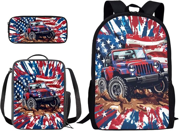 Kids Backpack Set for Girls and Boys with Insulated Lunch Box Pencil Pouch Case, Knapsack Set Suitable for School Lightweight Schoolbag Set, Tractor American Flag Tie-Dye by PCSJRKG