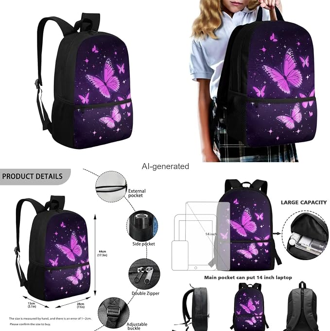 Aesthetic Butterfly Backpack for Girls Kids Backpack with Lunch Box Water Bottle Carrier with Strap and Big Pencil Case 4PCS Set Bookbag with Front Pocket for School 17" Lightweight School Bag - Image 3