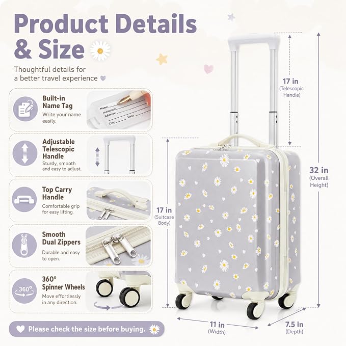 Redbaker 6 Pcs Kids Luggage Set, 17 Inch Rolling Suitcase with Backpack Lunch Bag Neck Pillow, Grey Daisy Travel Set for Summer Vacation Sleepover Back to School Gift - Image 2
