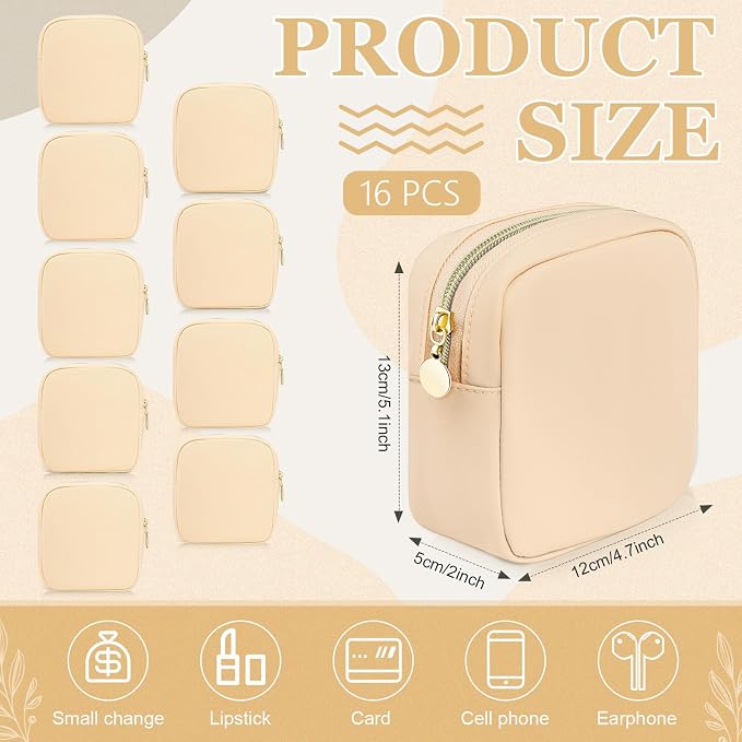 Giesiery 16 Pcs Mini Makeup Bags - Khaki Nylon Travel Cosmetic Pouch, Toiletry Organizer & Preppy Coin Purse for Women Girls, Bulk Wedding Bridesmaid Gifts - Image 3