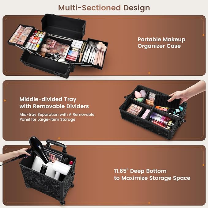 FRENESSA 3 in 1 Rolling Makeup Case Cosmetology Case on Wheels Alpine Black | Cosmetic Trolley Large Storage with Keys 360° Swivel Salon Barber Case Traveling Cart Trunk for Artist Hairstylists Nail Tech - Image 3