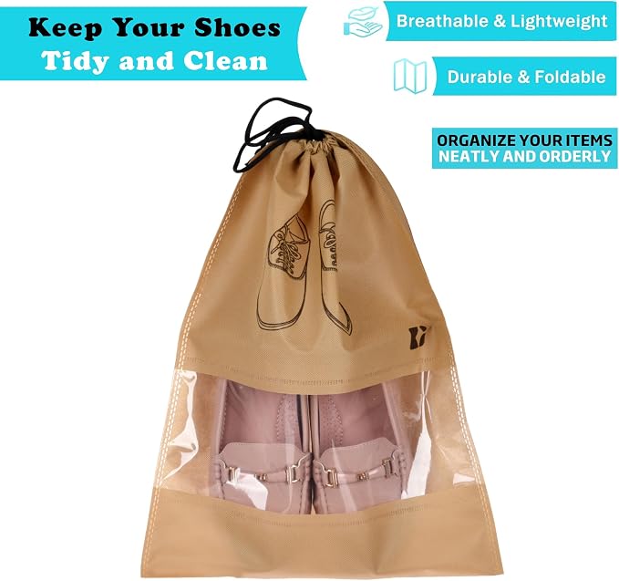Kuber Industries Pack of 8 Shoe Bags | Shoe Bags for Travel | Non-Woven Shoe Storage Bags | Storage Organizers Set | Shoe Cover with Transparent Window | Shoe Dori Cover | Beige - Image 2